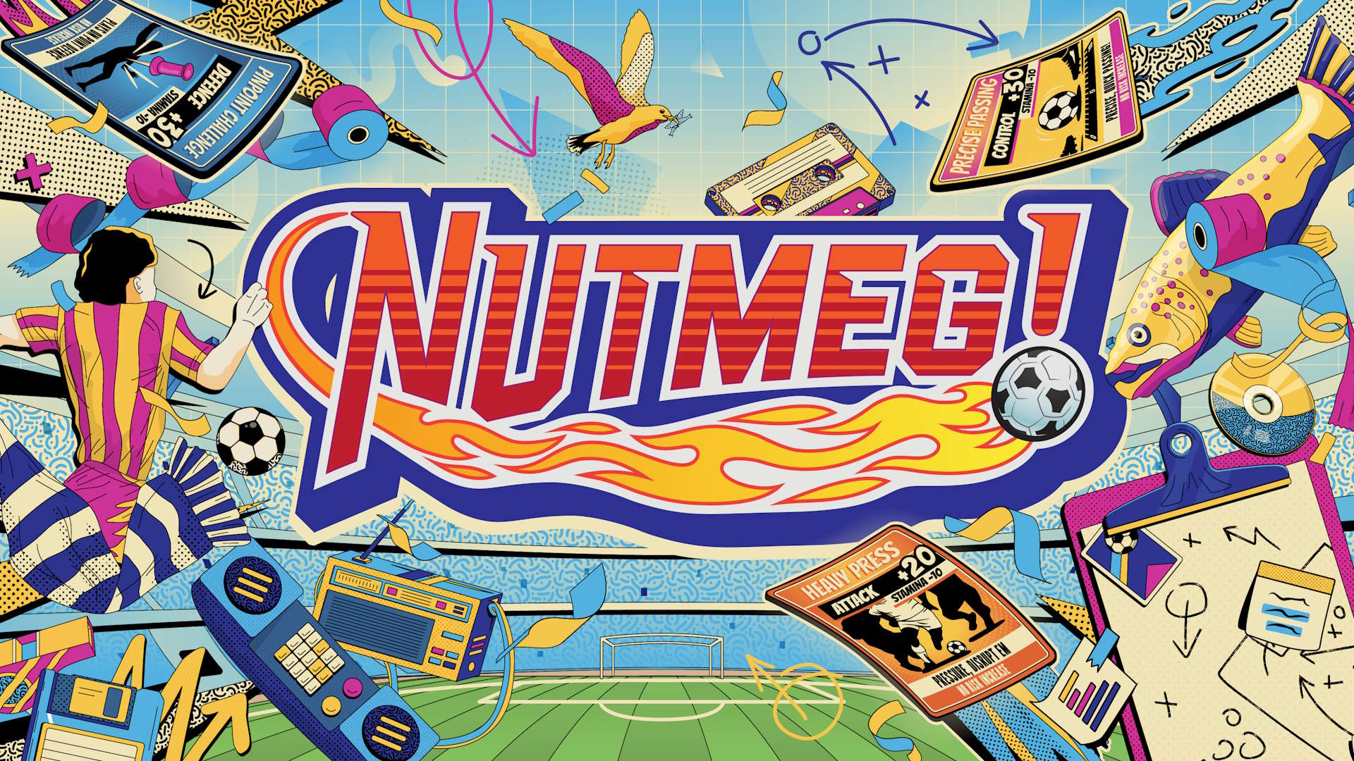 Key art for NUTMEG! showing a range of nostalgic imagery tied with football